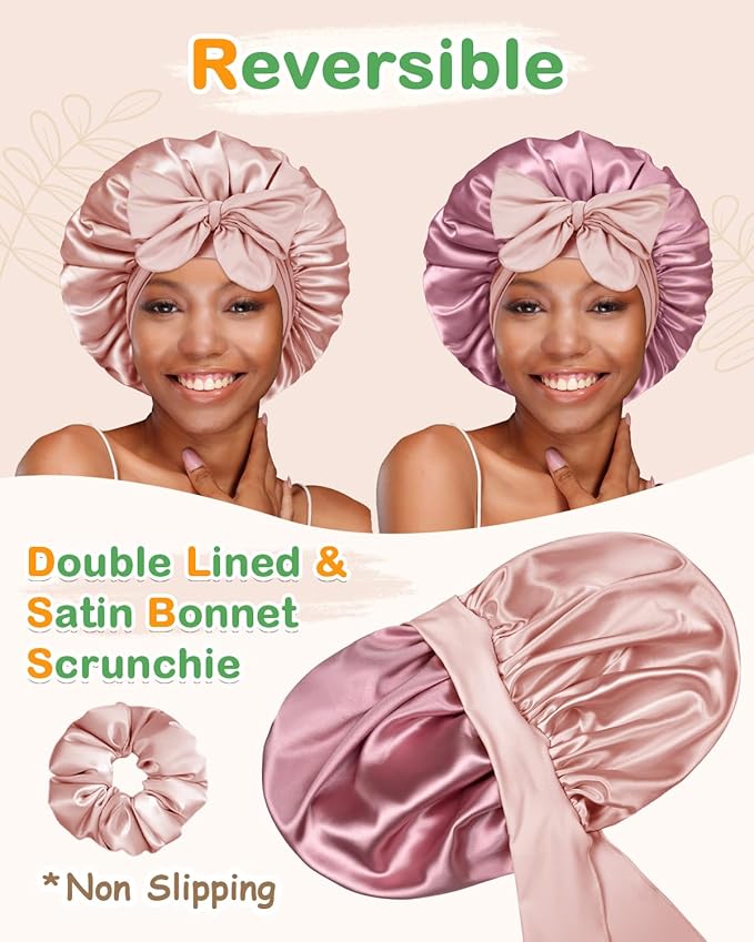 BONNET QUEEN Silk Bonnet for Sleeping Women HYALURONIC Acid Reversible Double Layer Satin Bonnet Night Sleep Cap Wrap for Curly Hair with Adjustable Tie Band & Scrunchie, Cream Pink & Rose Gold