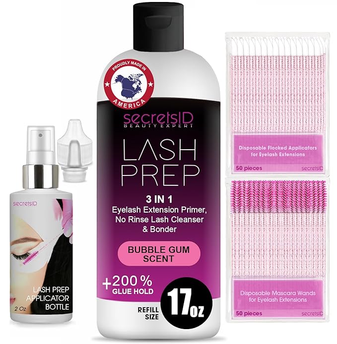 3 in 1 Eyelash Extension Primer Bulk 16 Oz - No Rinse Lash Cleanser and Bonder - Made in America Kit with 100 Wands for Lash Technicians and Brow Stylists for Optimal Retention - Bubble Gum Scent