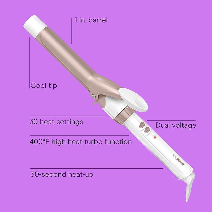 Conair Double Ceramic 1-Inch Curling Iron, 1-Inch Barrel Creates Classic Curls, Hair Curler for Use on Short, Medium, & Long Hair, White/Rose Gold