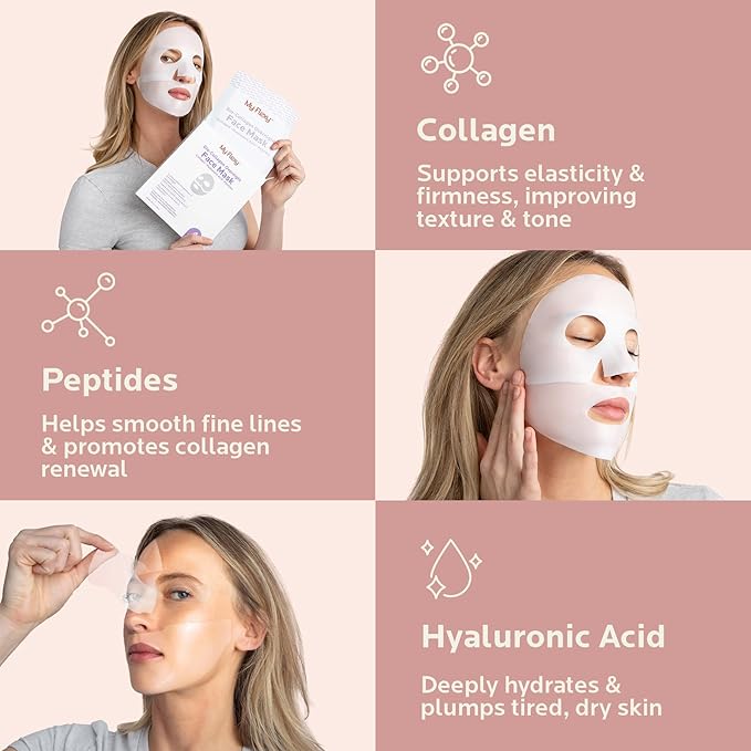 Bio Collagen Overnight Facial Mask with Peptides, Hyaluronic Acid & Antioxidants, Brightening Hydrating Facemask for Women, Hydrogel Korean Face Masks Skincare, Facial Sheet Skincare - 4 Pack