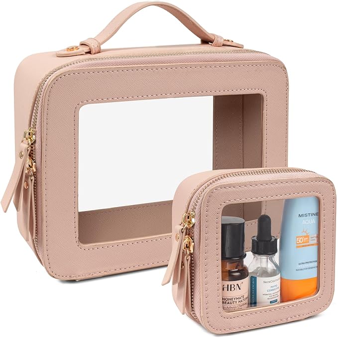 LETGO Clear Makeup Bags Set - TSA Approved Toiletry Bag with Handle Large Opening, Clear Toiletry Bags Case Pouch for Traveling Travel Car Orangizer Storage Essentials (Mini+Large Nude)