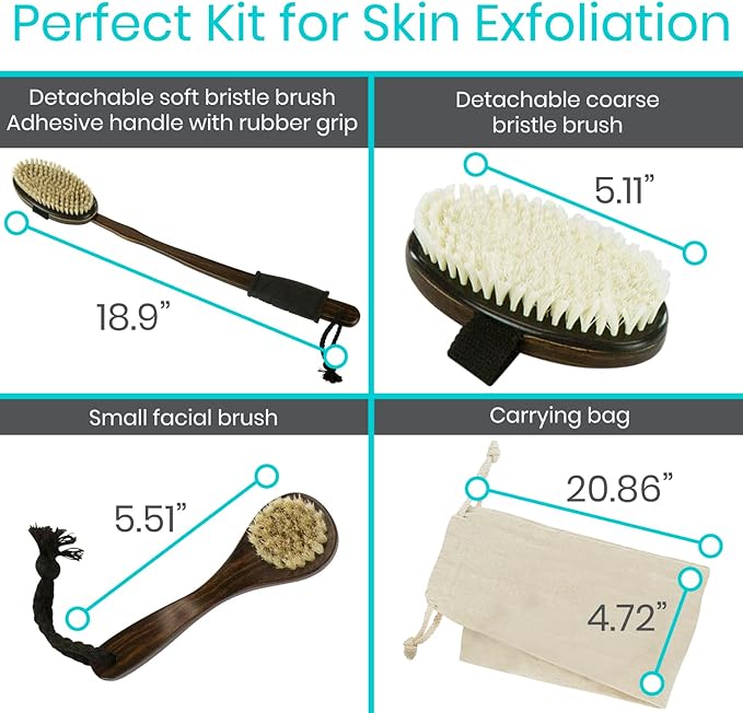 Vive Dry Brush Set for Lymphatic Drainage (3 Pieces) - Brushing Scrubber for Exfoliating, Body Cellulite and Skin Massage - 100% Natural Boar Hair Bristles, 14” Long Dark Wooden Handle w/Storage Bag