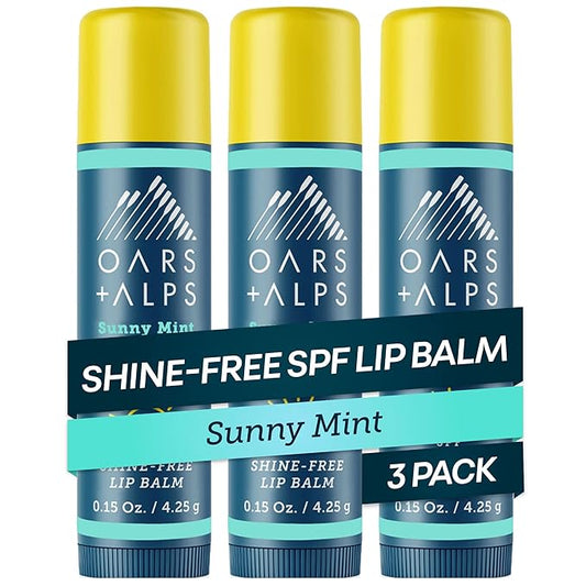 Oars + Alps Lip Suncreen, SPF 18 Lip Balm, Shine Free Sunscreen for Lips, Infused with Vitamin E, Peppermint & Spearmint, Water & Sweat Resistant, Moisturizing, Hydrating, Sunny Mint Scent, 3pk