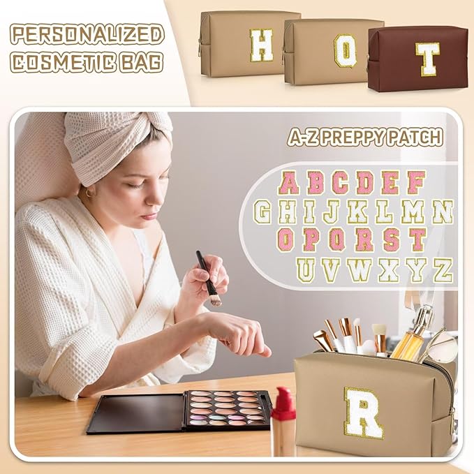 TOPEAST Preppy Makeup Bag, Cute Makeup Pouch PU Leather Waterproof Cosmetic Bag, Personalized Birthday Gifts for Mom Teacher Friends Bridesmaids Nurse, Trendy Stuff for Girls (Khaki I)