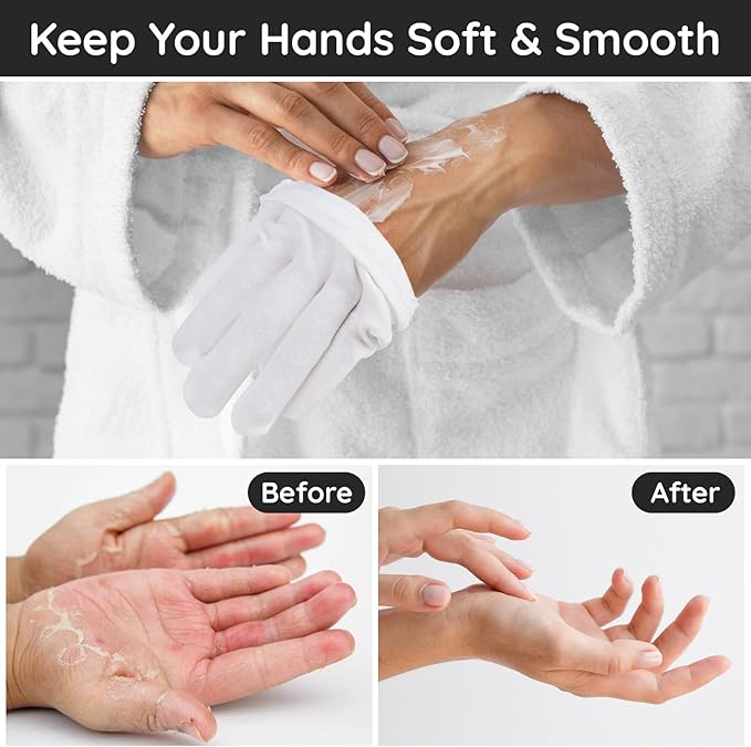 Segbeauty 24 Counts Moisturizing Gloves Overnight with Elastic Band, White Cotton Gloves for Dry Hand, 12 Pairs Thick Sleeping Gloves for Cracked Hands, Cotton Work Gloves for Men and Women Large