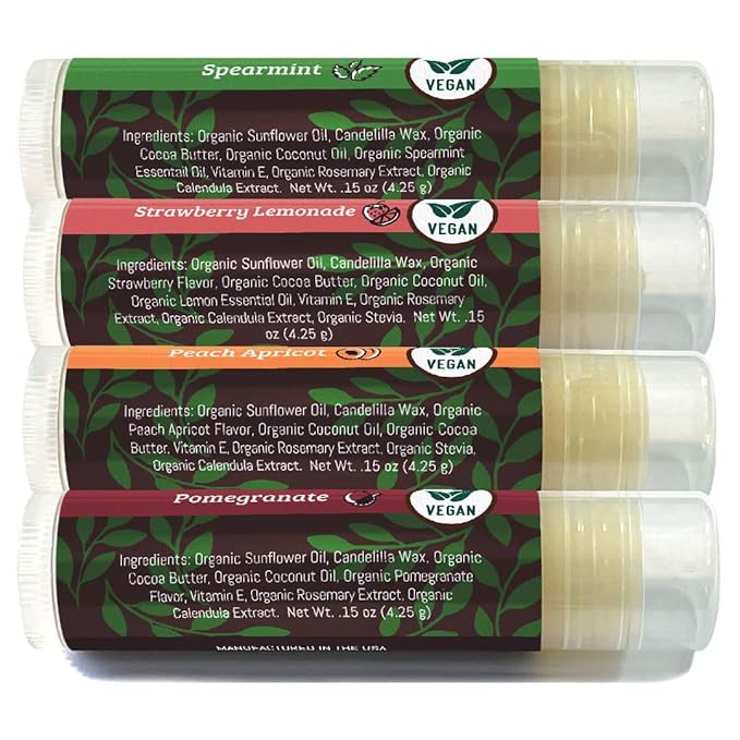Earth's Daughter Vegan Lip Balm 4-pack, Beeswax Free Lip Balm, Natural, Organic Flavors - Assorted Flavors, Plant Based Vegan Chapstick, Moisturizer