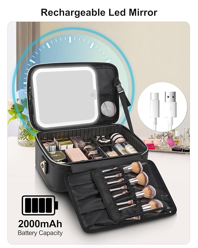 Relavel Makeup Train Case With LED Mirror, Professional Travel Cosmetic Bag with Removable Partitions, Compact Makeup Organizer with Shoulder Strap, Waterproof Travel Case for Women, Black