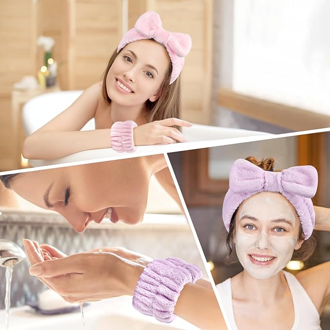 6Pack Headband and Wristband Set for Washing Face, Spa Skincare Makeup Headband, Soft Puffy Hair Band Bow Tie, for Women and Teen Girl Trendy Stuff Gifts