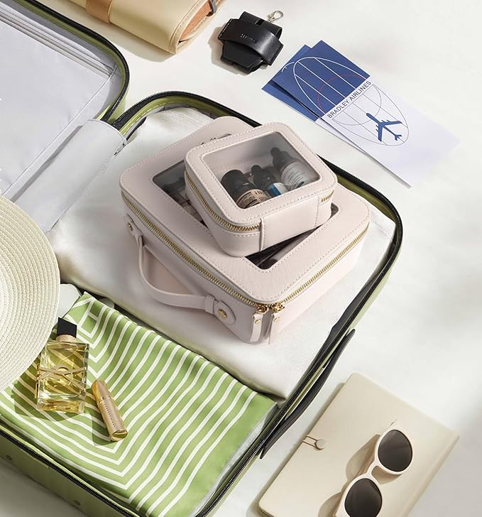 LETGO Clear Makeup Bag Organizer, Travel Toiletry Bag Cosmetic Case for Women, Portable Make Up Skincare Pouch Car Organizer Bag with Zippers for Essentials(Large-Beige)