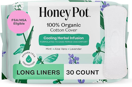 The Honey Pot Company - Herbal Long Panty Liners for Women - Infused w/Essential Oils for Cooling Effect & Organic Cotton Cover - Feminine Care - 30 ct