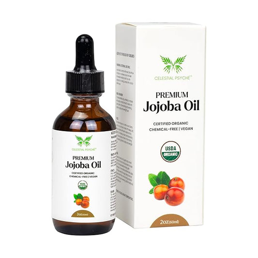 Celestial Psyché USDA Certified Organic Jojoba Oil (2 Oz) 100% Pure Natural, Chemical-Free, Hexane-Free, Hair Growth, Scalp Care, Skin Hydration, Nails Natural Beauty Enhancement, Anti-Aging