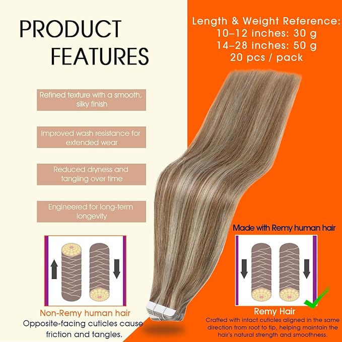 Full Shine Tape in Human Hair Extensions 22Inch Pu Tape in Hair Extensions Color Golden Brown Highlighted Bleach Blonde Seamless Tape ins Skin Weft Hair Extension Tape ins 50G 20Pcs Double Sided Tapes
