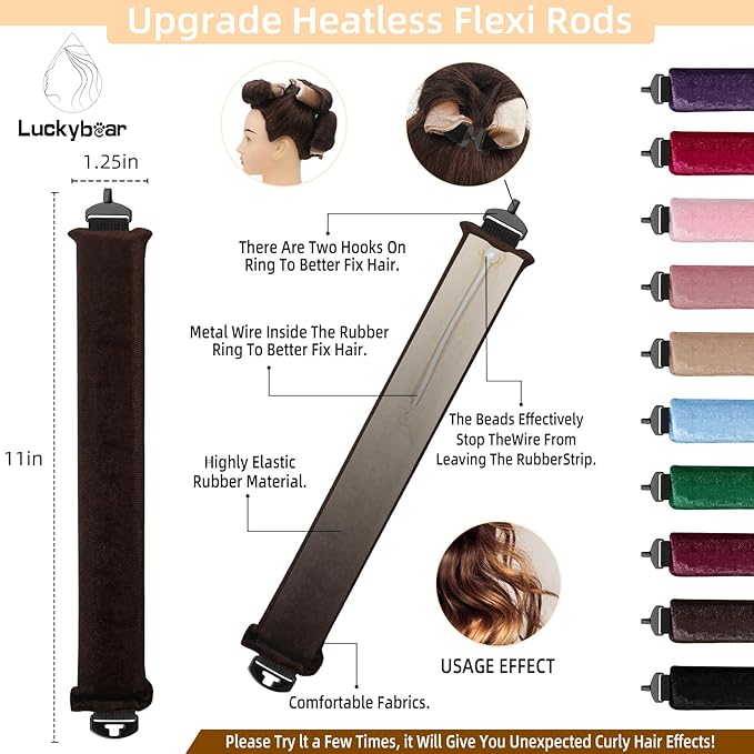 Luckybear Overnight Heatless Hair Curler Jumbo, 3pcs Satin Flexi Rods for All Hair Types, Heatless Overnight Curls Styling Tools, Soft Velvet Satin Brown