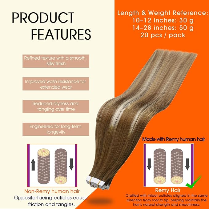 Full Shine Hair Extensions Tape in Color 4 Brown Fading to 27 And 60 Blonde Highlight 8 Brown Tape in Hair Extensions 20Inch Invisible Seamless Extensions Straight Remy Human Hair 50Gram 20Pcs