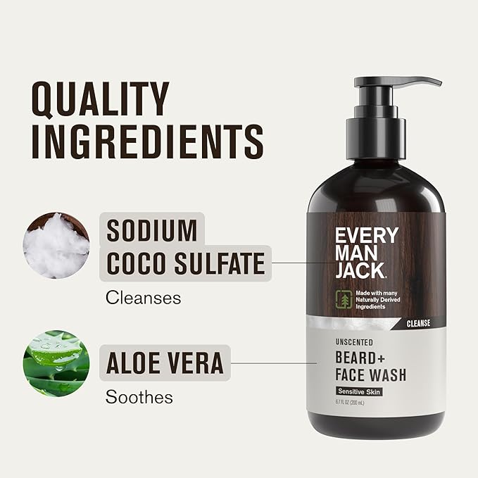 Every Man Jack Unscented Beard + Face Wash - Fragrance Free for Sensitive Skin - Naturally Cleanse and Condition Your Beard and Skin - 6.7-ounce (2 pack)