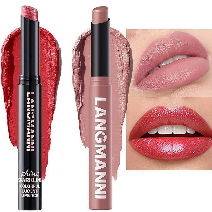 Jolilab 2Pcs Glitter Lip Kit - Velvet Matte & Nude Matte Lipstick + Glitter Lip Gloss/Glitter Lipstick High Pigmented Long-Lasting Waterproof Beauty Cosmetics Gift for Women(#02+01)