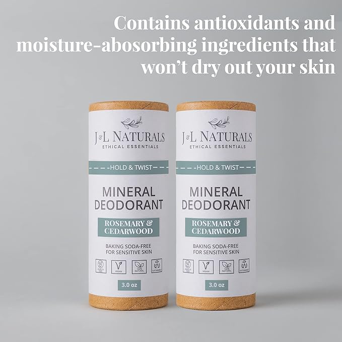 J&L Naturals Mineral Deodorant | Baking Soda-Free, 100% Natural, Sustainable | Sensitive Deodorant For Women & Men | Aluminum Free, Vegan, Cruelty-Free (Rosemary & Cedarwood, 3 Oz (Pack of 2))