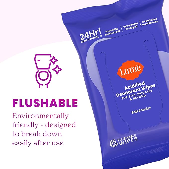 Lume Acidified Deodorant Wipes - 24 Hour Odor Control - Whole Body Deodorant Wipes - Aluminum Free, Baking Soda Free, Skin Loving - Flushable - 45 Count - 2 Pack (Soft Powder)