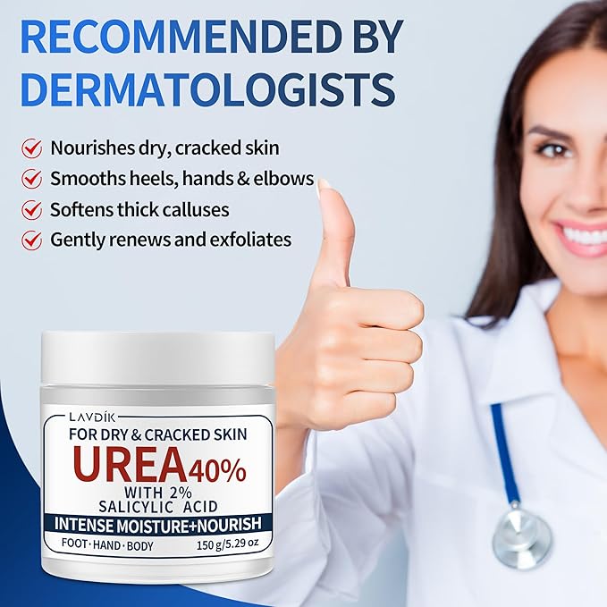 40% Urea Cream with 2% Salicylic Acid, Maximum Strength Moisturizer for Dry, Cracked Skin on Feet, Hands, Heels, Elbows, and Knees, 5.29 OZ