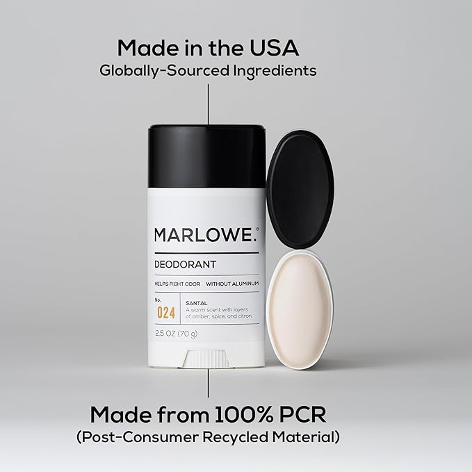 MARLOWE. No.024 Mens Santal Deodorant 2.5 oz (3pack), Natural Deodorant for Men, Aluminum Free Stick, Made with Coconut Oil, Shea Butter & Jojoba, Warm Amber, Sandalwood & Citron Scent