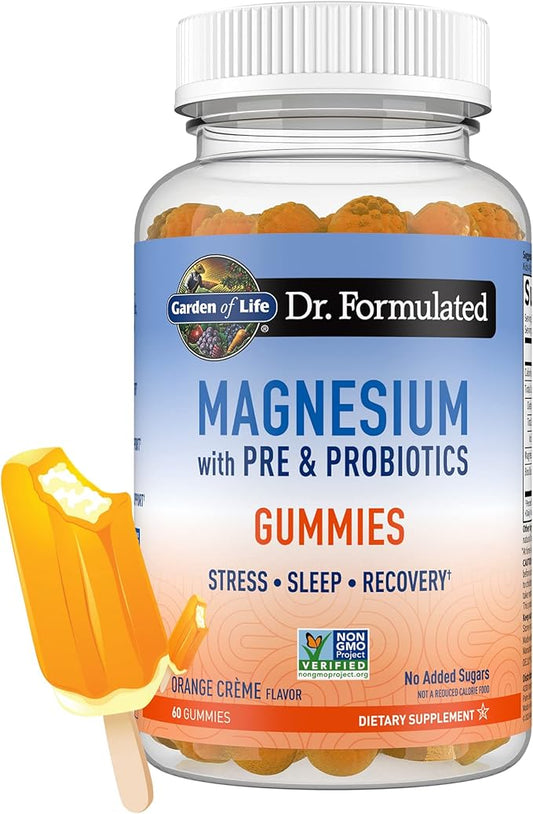 Garden of Life Magnesium Citrate Supplement Gummies with Prebiotics & Probiotics for Stress, Sleep & Recovery - Vegan, Gluten Free, Kosher, Non-GMO, No Added Sugars, Orange Cream Flavor, 60 Count