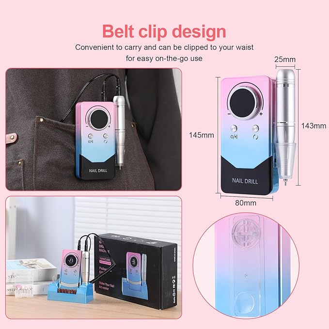 Electric 45000RPM Nail Drill Machine Rechargeable Portable Nail File Electric DIY Nail Drill Kit with Smart LCD Screen for Gel Nail Manicure and Pedicure Reflective Body etc (Gradient)