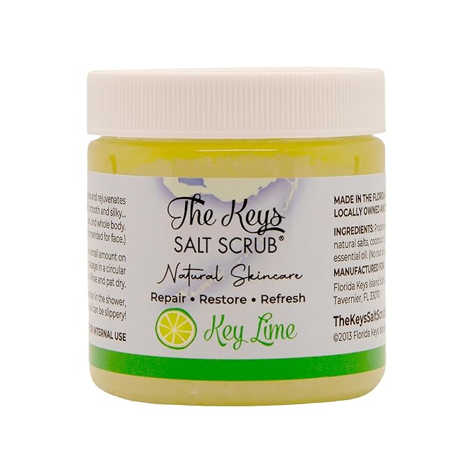 The Keys Salt Scrub -Sea Salt Scrub - Exfoliating Body Scrub with Wooden Spoon - Moisturizing Exfoliator for Hands, Foot, Bath, (3.4 Ounce (Pack of 1), Key Lime)
