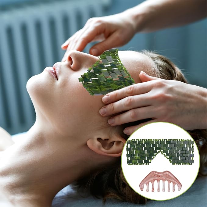 1 Jade Eye Mask and 1 Jade Comb Multi-Functional for Guasha Massage Facial Tools and Head Spa Tools Gifts, Totally 2 Pcs Esthetician Supplies (Deep Color)