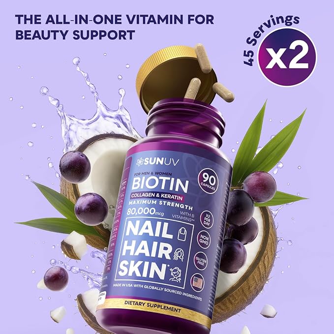 SUNUV Biotin 10,000mcg | Collagen | Keratin - 80,000mcg Hair Growth Vitamins for Women & Men,Skin & Nails Support - Hyaluronic Acid & Vitamins B1,B2,B3,B5,B6,B9,B12 -Made in USA-90 Capsules