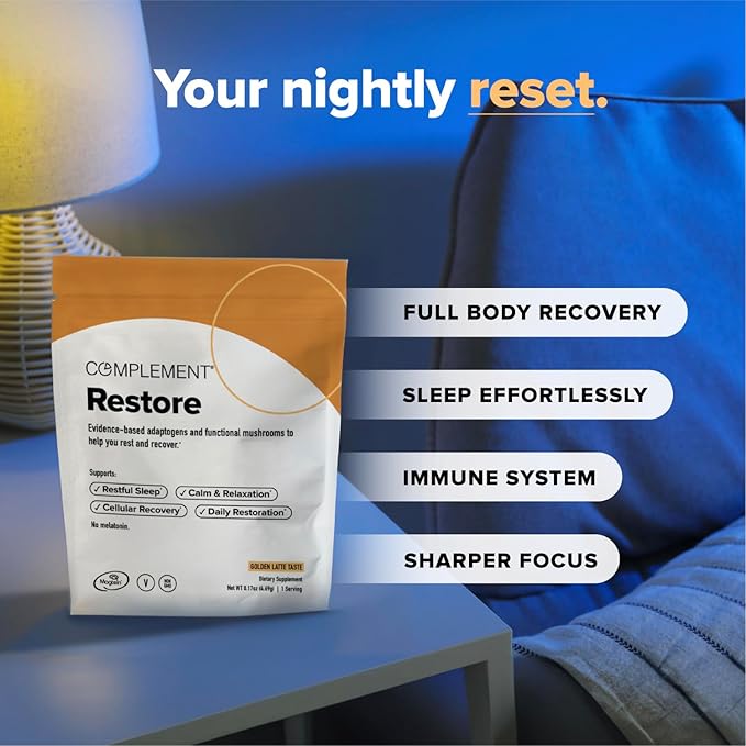 Complement Restore Golden Latte - Calm Magnesium Powder, Deep Sleep Aid Drink - Reishi, Ashwagandha, Valerian & L-Theanine - Nighttime Recovery, Relaxation Adaptogens Mix - No Melatonin (1 Serving)