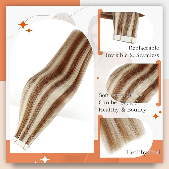 Full Shine Human Hair Extensions Tape in Color 330P800 Highlight Blonde Tape in Hair Extensions Human Hair 20 Inch Seamless Human Hair Tape ins Extensions 50 Gram 20Pcs Remy Extensions Add Length
