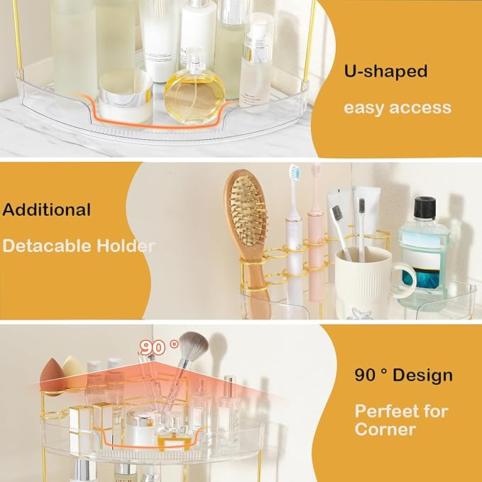 FELIZHOUSE 3-Tier Makeup Organizer for Vanity & Bathroom Countertop – Acrylic Storage Shelf with Perfume Tray & Makeup Brush Holder, Tool-Free Installation, Design for Bathroom & Dresser - Grey