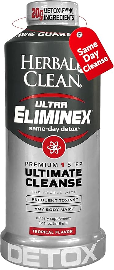 Herbal Clean Same Day Ultra Eliminex Detox Cleanse Drink* (32 fl oz) - Tropical Fruit Flavor Full Body Cleanse Detox Drink with Milk Thistle Seed* for high Toxin*, Vitamin B12 for Men & Women