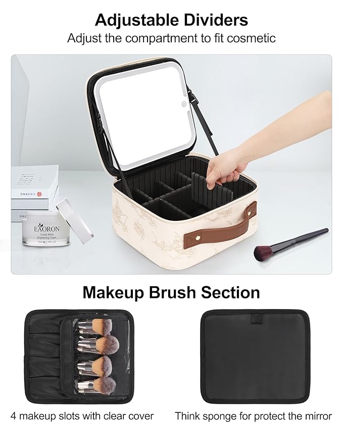 Relavel Travel Makeup Bag With LED Mirror, Portable Cosmetic Organizer Bag with Adjustable Brightness in 3 Color Scenarios, Small Train Case with Detachable Dividers for Trip- Lily Flower