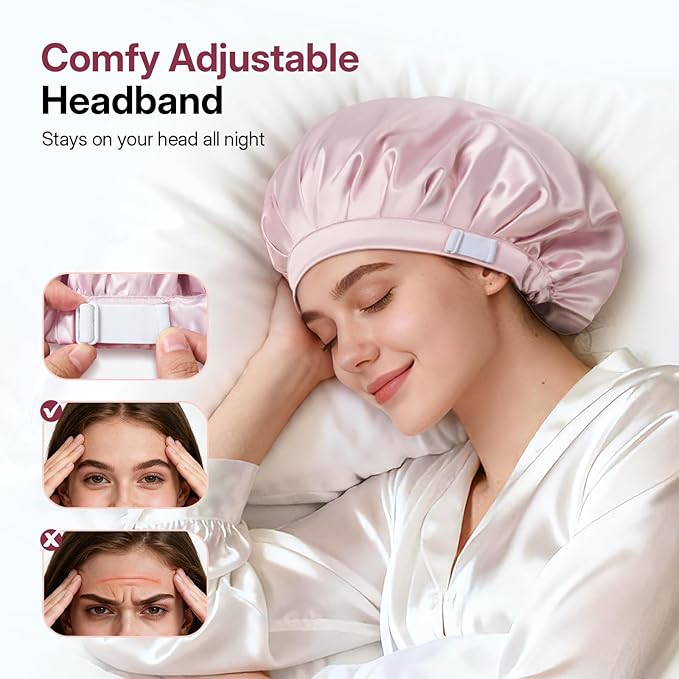 LitBear Silk Satin Bonnet for Sleeping Women, Adjustable Double Layer Hair Bonnet with Scrunchies for Curly Natural Hair, Non Slip Softer Night Sleep Cap
