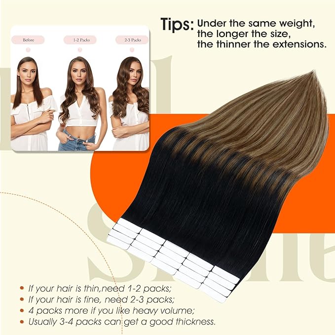 Full Shine Hair Extensions Real Human Hair Tape in Color 1B/6/27 Balayage Ombre 20Inch Human Hair Tape in Extensions 50Gram Straight Human Hair Extensions 20Pcs Seamless Soft Hair Add Length