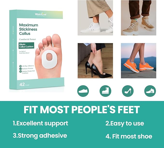 Welnove 42pcs Callus Pad with Water-Resistant Self-Stick Adhesive, Protects Foot, Heel and Toes from Rubbing and Friction,Oval Shape Design,Reduce Pressure and Friction from Shoes Rubbing-White