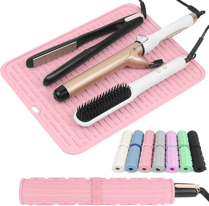 AMIJEAL Oversize Silicone Heat Resistant Mat for Hair Tools, Curling Iron Mat, Hot Tools Holder, Portable Flat Iron Hair Straightener Pad Cover for Travel Vanity Salon(14.2" x 11.0")