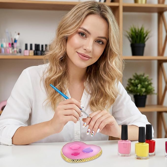 Resin Nail Art Palette, 2 Pcs Heart Shaped Nail Polish Palette Makeup Mixing Palette with Gold Edge for DIY Nail Art Design, Display (Purple, White)