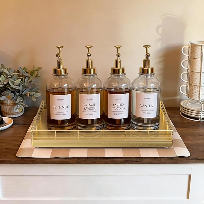 Large Bathroom Vanity Tray – 13" x 8" Oak Decorative Wooden Tray for Bathroom Countertop & Vanity Organizer, Rectangular Wood Tray for Perfume, Skincare, Storage, Vanity Dresser Counter Decor, Gold