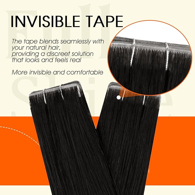 Full Shine Injection Tape in Hair Extensions Human Hair Color 1B Off Black Human Hair Tape in Extensions 24Inch Long Straight Skin Weft 50G 20Pcs At Home Hair Transformation Invisible Extension