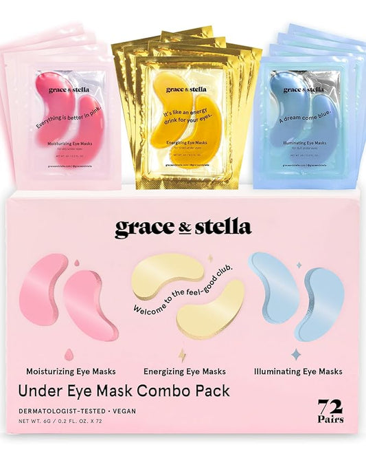 grace & stella Under Eye Mask - Reduce Dark Circles, Puffy Eyes, Undereye Bags, Wrinkles - Gel Under Eye Patches, Valentines Day Gifts Bulk - Vegan Cruelty-Free Self Care (72 Pairs, GoldPinkBlue)