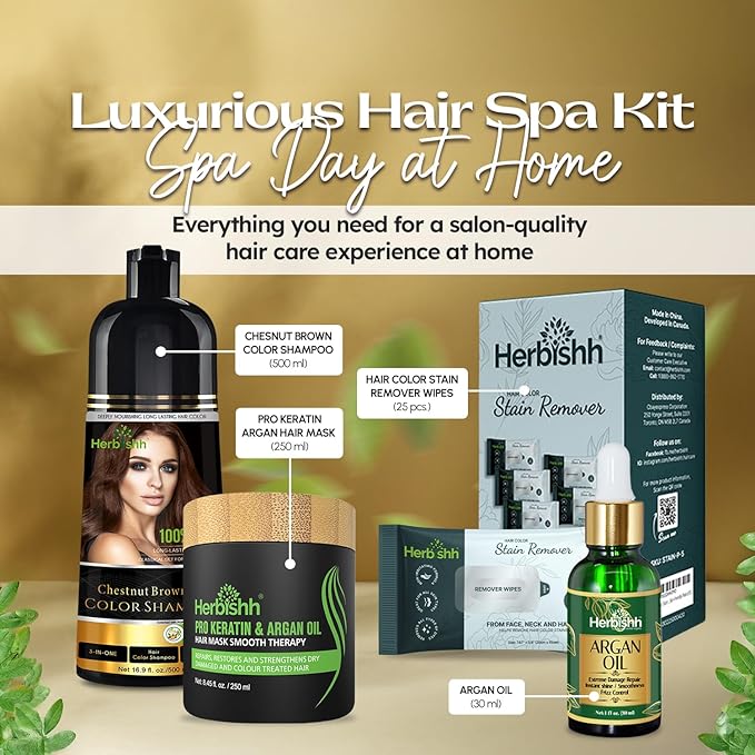 Herbishh Hair Color Shampoo for Gray Hair – Natural Hair Dye Shampoo – Lasts Up To 3-4 Weeks – 500ML – 3-In-1 Hair Color – Colors, Cleanses, and Conditions (Chestnut Brown Giftset)