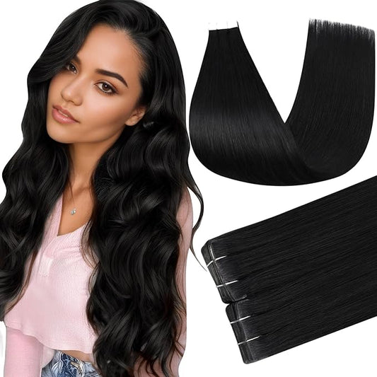 Full Shine Remy Hair Extensions Human Hair Color 1 Black Injected Tape in Extensions 18Inch Injection Invisible Skin Weft 50Gram Intact Tape ins 20Pcs Brazilian Straight