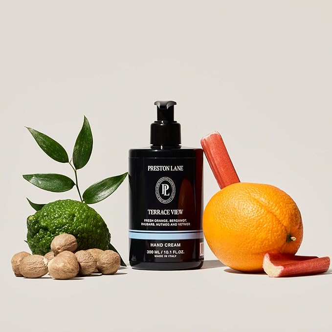 Preston Lane Luxury Hand Cream, Terrace View Scent, Made in Italy | Hydrating Formula with Tea Tree, Lavender & Lemon Essential Oils, Hyaluronic Acid, Vitamins C & E, and Kiwi & Apple Water