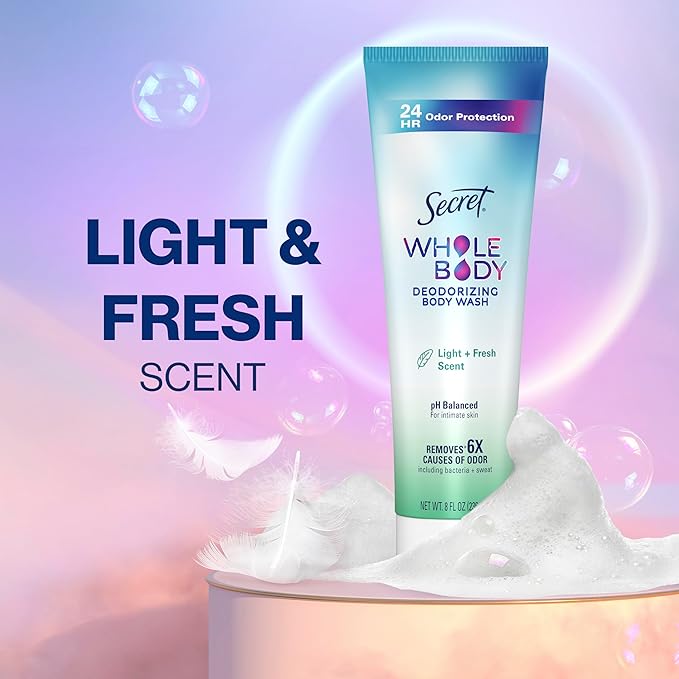 Secret Feminine Wash, 24 HR Deodorizing Feminine Body Wash for Women, Removes 6x Causes of Odor, PH Balanced, Safe to Use Everywhere, Light & Fresh, 8.0 oz