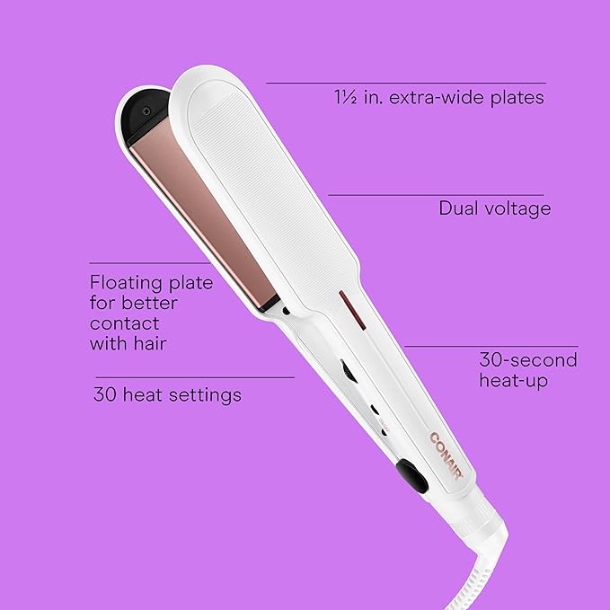 Conair Double Ceramic Flat Iron, 1½-inch Flat Iron, 5 Heat Settings Up to 410°F, Extra-Wide Floating Plates, For All Hair Types and Textures, White