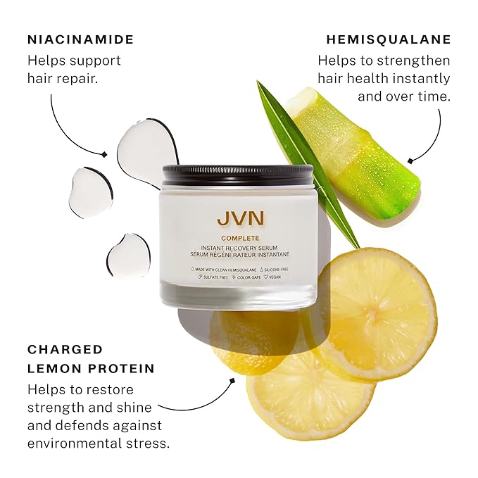 JVN Complete Instant Recovery Hair Serum, 1.0 Fl Oz, Frizz Fighting, Heat Protectant, Hair Smoothing Cream Strengthens & Repairs Damage, Silicone Free