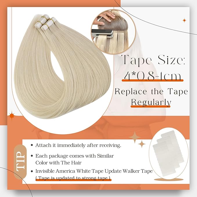 Full Shine Pu Tape in Hair Extensions Human Hair Blonde Tape in Extensions Silky Brazilian Human Hair Blonde Color 613 Double Sided Adhesive Tape ins Human Hair Extensions 24 Inch 50 Gram 20Pcs