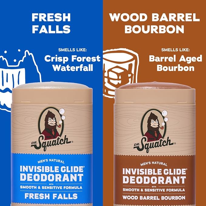 Dr. Squatch Invisible Glide Natural Men’s Deodorant – Smooth Glide, No Stains – Aluminum Free Deodorant Men – Safe for Sensitive Skin – Fresh Falls + Wood Barrel Bourbon – 2.65oz (2-Pack)